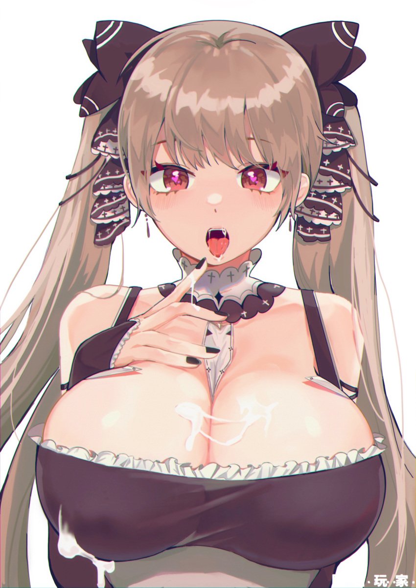 1girls after_paizuri after_sex azur_lane bare_shoulders bursting_breasts cleavage cum cum_in_mouth cum_on_body cum_on_breasts cum_on_upper_body female formidable_(azur_lane) gothic_lolita gray_hair grey_hair huge_breasts jintianhuahualema lolita_fashion mouth_open no_bra painted_nails post_orgasm red_eyes solo twintails upper_body upper_body_focus