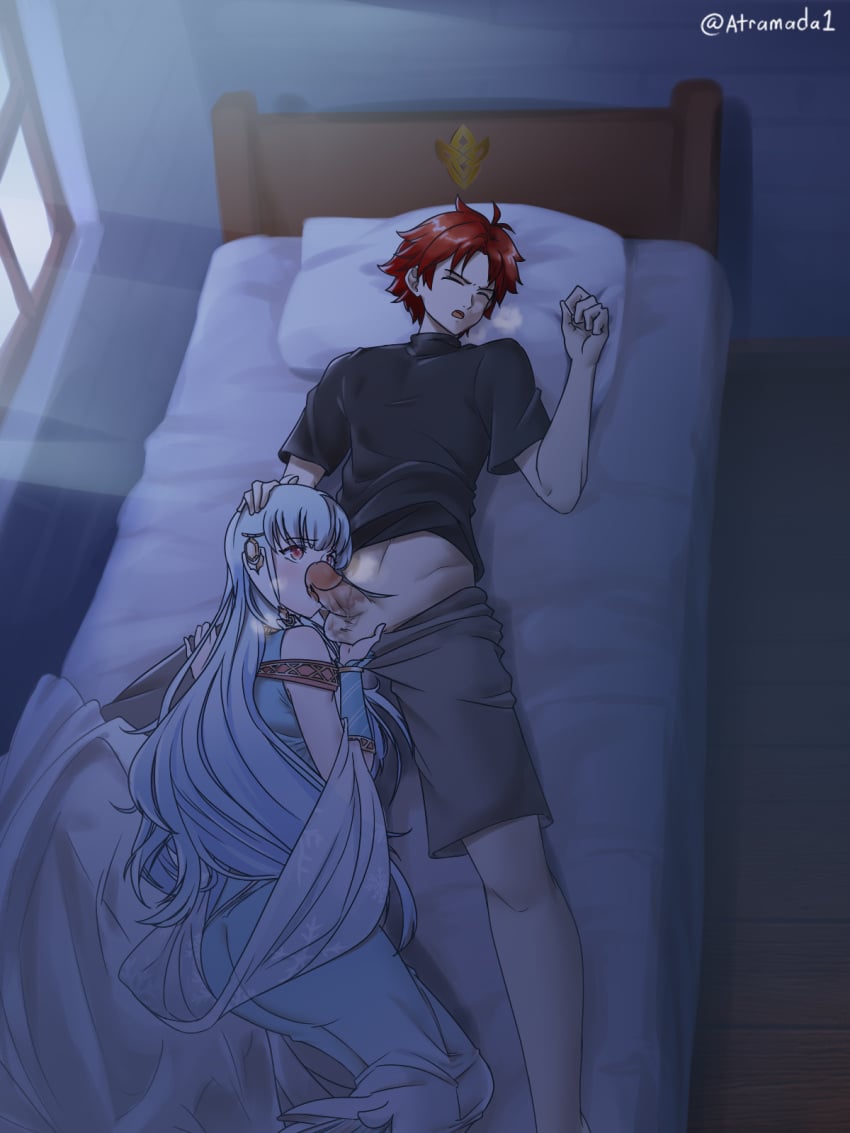 1boy 1girls atramada1 bed bedroom blue_hair caressing_testicles clothed_sex commission female fire_emblem fire_emblem:_the_binding_blade fire_emblem:_the_blazing_blade hand_on_another's_head hand_on_thigh heavy_breathing highres incest mother_and_son night ninian_(fire_emblem) nintendo oral red_hair roy_(fire_emblem) sleep_molestation sleeping stealth_fellatio stealth_handjob