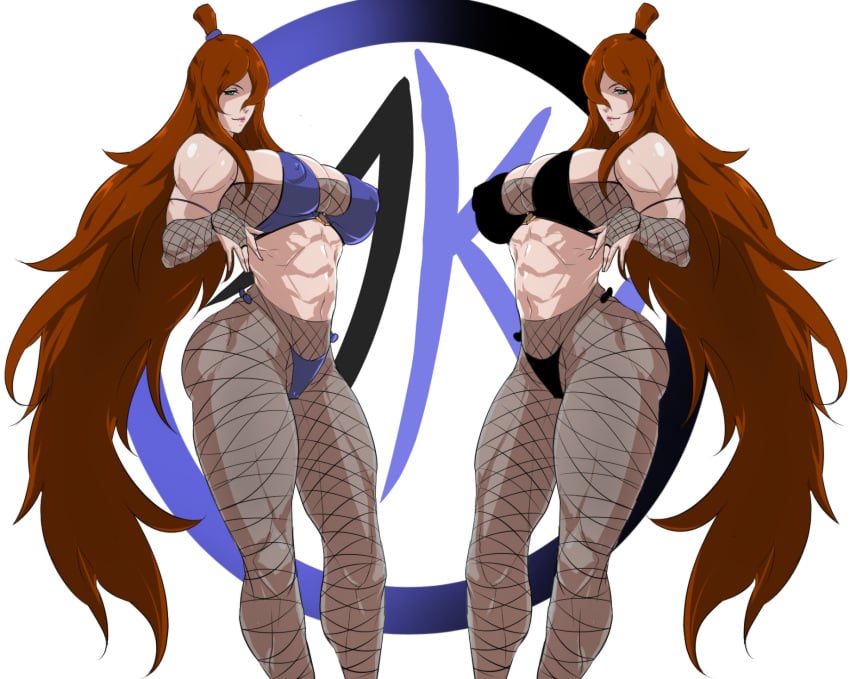 2girls abs alternate_costume armwear ass big_ass bikini bridal_gauntlets brown_hair busty center_opening cleavage curvaceous curvy curvy_body curvy_figure female female_only fishnet_armwear fishnet_legwear fishnet_top fishnets fit fit_female green_eyes hair_over_one_eye legwear light-skinned_female light_skin lipstick long_hair long_legs makeup mei_terumi micro_bikini midriff multiple_girls muscular muscular_female naruto naruto_(series) naruto_shippuden pantyhose puffy_nipples shounen_jump slim_waist tenchizone tied_hair topknot tubetop very_long_hair visible_nipples voluptuous wide_hips