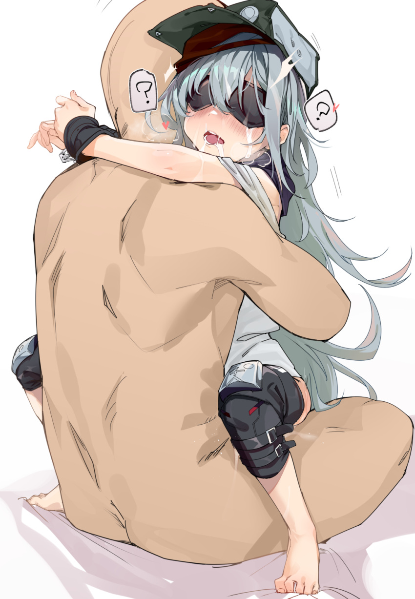 1boy 1girls ? android android_girl barefoot black_blindfold blindfold blush clothed_female_nude_male clothed_sex commission dubious_consent female g11_(girls_frontline) girls'_frontline grey_hair handcuffs hat heart heckler_&_koch highres long_hair no_background nude open_mouth restrained scarf shirt sidelocks simple_background skeb_commission solo_focus spoken_question_mark straddling straight uno_ryoku upright_straddle white white_background