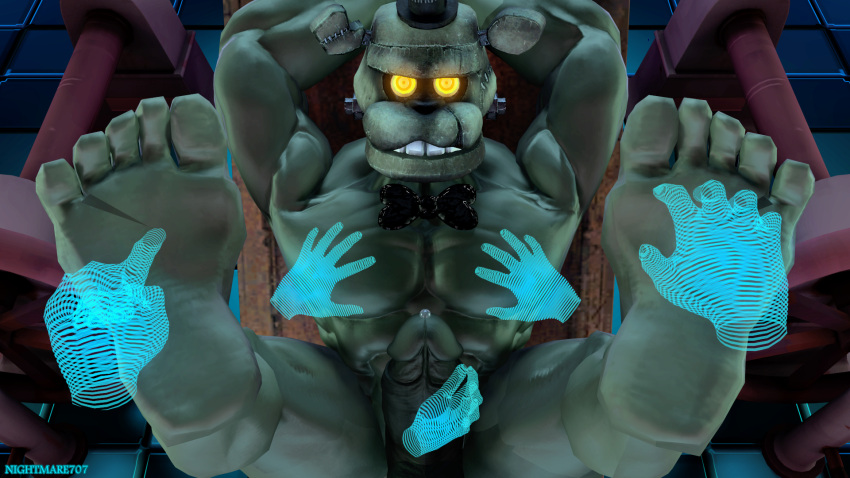 16:9 5_fingers blue_hands blue_text bodily_fluids bow_tie checkered_floor clothing disembodied_hand disembodied_hands dreadbear english_text feet fingers five_nights_at_freddy's five_nights_at_freddy's:_help_wanted foot_fetish foot_focus foot_play genital_fluids genitals green_body hand_behind_head hand_on_pecs handjob hat headgear headwear hi_res male mammal muscular muscular_male nightmare707 pecs penile penis poking precum scottgames sex signature teeth text top_hat ursid video_games widescreen yellow_eyes