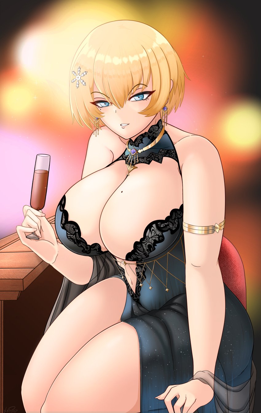 blonde_hair blue_eyes breasts dress earrings female girls'_frontline hair_ornament large_ass large_breasts mole_on_breast mole_under_eye short_hair vsk-94_(girls_frontline) xxpulp