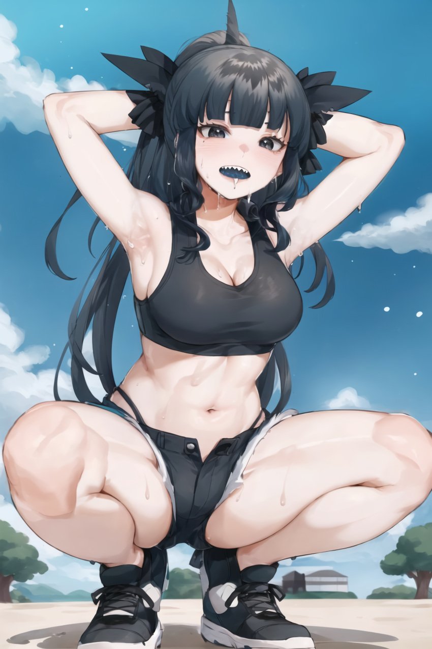 ai_generated artemis_of_the_blue atelier_live bangs beauty_mark black_hair blue_tongue breasts cum indie_virtual_youtuber midriff shark_girl shark_teeth sneakers squatting stable_diffusion virtual_youtuber vtuber