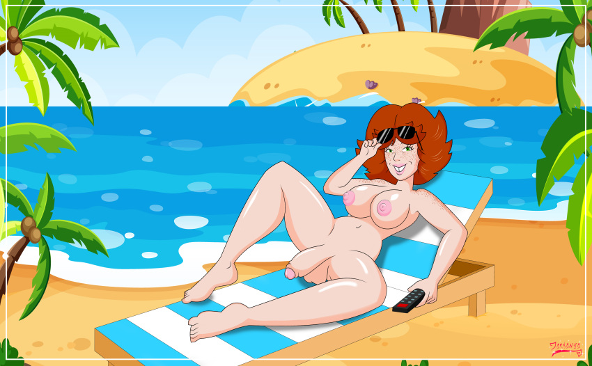 1futa areolae balls beach beach_chair big_breasts big_penis breasts brown_hair buckteeth cartoony darkanya detailed_background eyewear_on_head freckles futa_only futanari human island light-skinned_futanari light_skin nipples nude pale_skin palm_tree pamela_bendover penis pink_nipples pinup remote_control sitting solo sunglasses sunglasses_on_head teeth uncut water