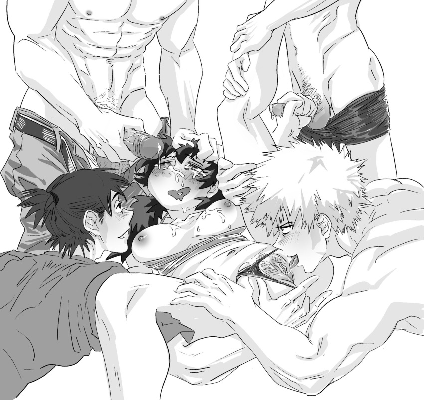 1girls 4boys breasts cum cum_on_breasts cum_on_face denki_kaminari eijirou_kirishima exposed_breasts female female_deku fingering fingering_ass fingering_partner gangbang genderswap_(mtf) group_sex hair_grab handjob hanta_sero izuku_midoriya katsuki_bakugou legs_held_open licking_pussy male monochrome multiple_boys muscular my_hero_academia oral pussy rule_63 saliva shirt_down size_difference spiky_hair thong thong_aside