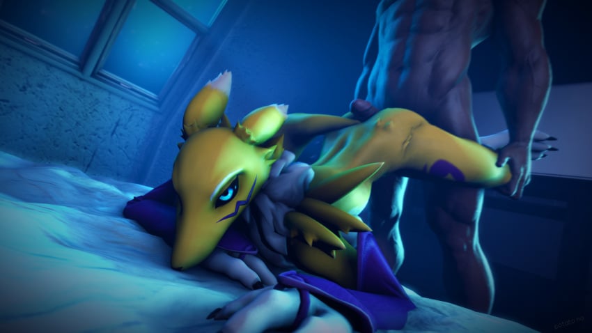 16:9 3d_(artwork) anthro ass_up bandai_namco bed canid canine digimon digimon_(species) digital_media_(artwork) duo ears_down female fox fur furniture glowing glowing_eyes hi_res hot_dogging human male male/female mammal on_bed on_chest pivoted_ears potato_no renamon source_filmmaker white_body white_fur widescreen yellow_body yellow_fur