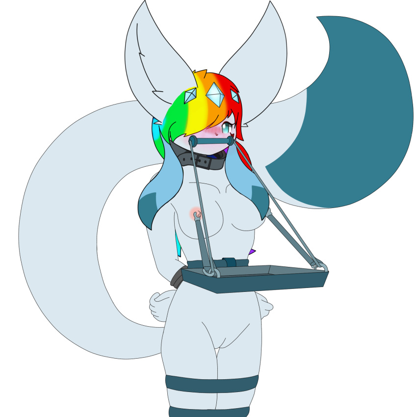 anthro bite_gag blush bondage bound clips eeveelution female gag glaceon hi_res nintendo ofdark pokémon_(species) pokemon solo tray video_games