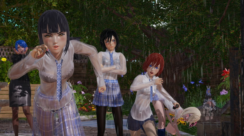 3d angry aqua_(kingdom_hearts) blue_eyes blush bra disney doll female honey_select human kairi kingdom_hearts namine pale_skin panties public rain red_hair rock roseza school_uniform schoolgirl see-through see-through_clothing shocked skuld_(kingdom_hearts) square_enix wet xion