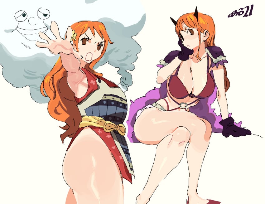 1girls beast_pirates beast_pirates_(cosplay) big_breasts breasts cleavage female female_only horns lingerie mob_face nami one_piece post-timeskip tagme thick_thighs wano_country whoopsatro zeus_(one_piece)