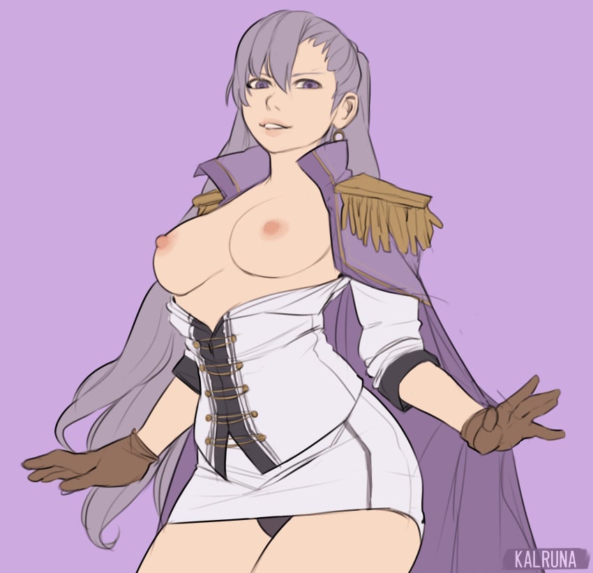 1girls aurelia_le_guin bare_thighs black_panties breasts breasts_out earrings eiyuu_densetsu from_below gloves grey_hair grin kalruna looking_at_viewer looking_down medium_breasts nipples open_clothes panties pantyshot pantyshot_(standing) purple_hair purple_skin sen_no_kiseki smile solo upskirt very_long_hair