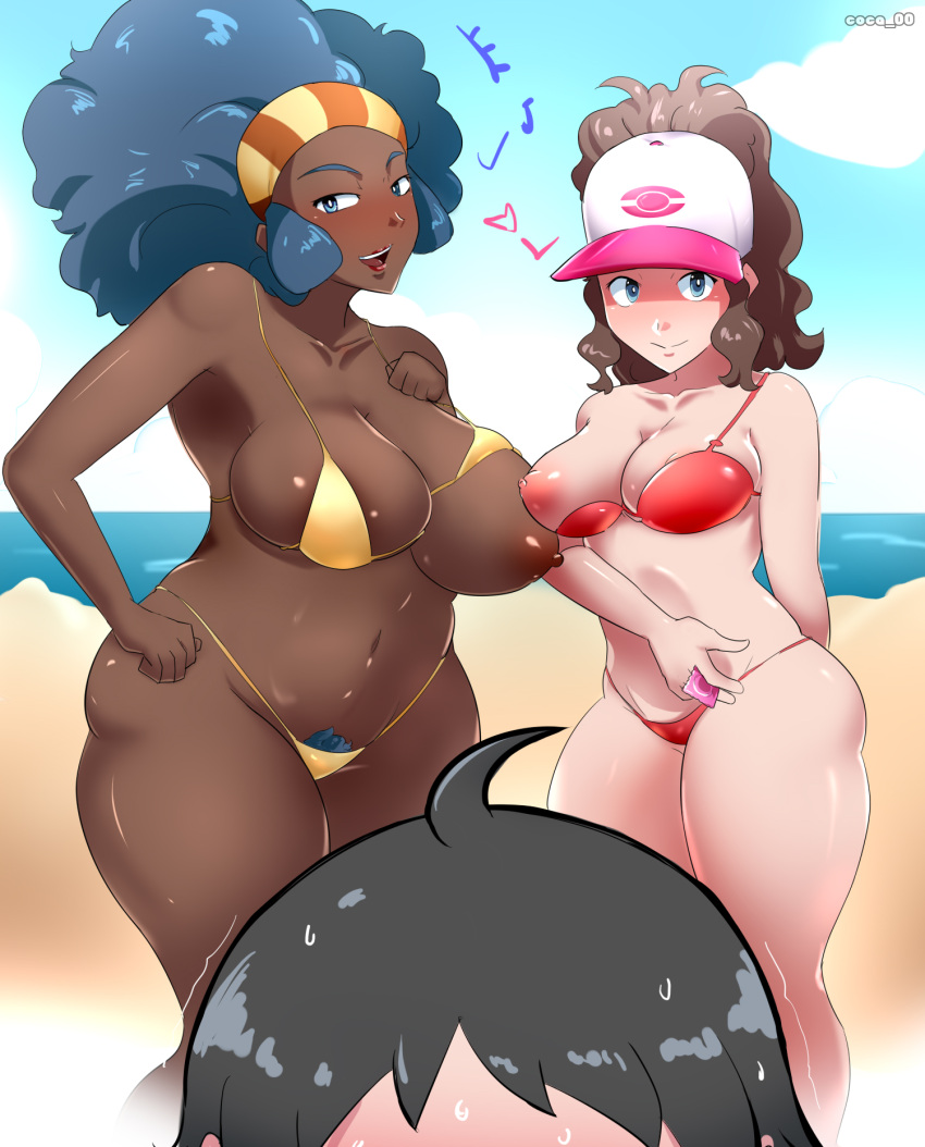 1boy 2girls bbw beach big_breasts big_hair bikini bikini_aside black_hair black_skin blue_eyes blush brown_hair cap cheren_(pokemon) chocolate_and_vanilla chubby chubby_female cloud coca colored condom condom_in_hand dark-skinned_female dark_skin green_hair gym_leader hairy_pussy hat headband hilda_(pokemon) lenora_(pokemon) long_hair nipples one_breast_out pale-skinned_female pale-skinned_male pale_skin plump plus_size pokemon pokemon_bw puffy_areola red_bikini_top sand sea short_hair sky sweat sweating thick_thighs uncensored unseen_male_face yellow_bikini_top