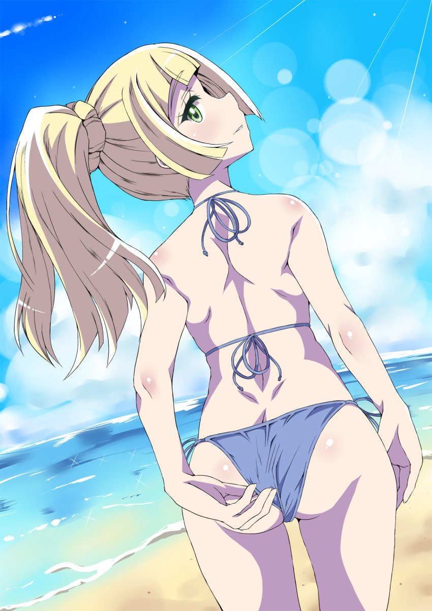 1girls adjusting_clothes adjusting_swimsuit ass ass_cleavage back bangs bare_back bare_shoulders beach bikini blonde_hair blue_bikini blue_sky blunt_bangs blush braid butt_crack cloud cowboy_shot cropped_legs day dimples_of_venus female from_behind fukunaga_yukito green_eyes half-closed_eyes high_resolution hip_focus lillie_(pokemon) looking_at_viewer looking_back nintendo ocean outdoors parted_lips pokemon pokemon_sm ponytail side-tie_bikini sky solo standing sunlight swimsuit thighs