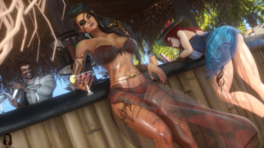 1boy 2021 2girls 3d artist_name beach belt bent_over bikini black_hair bracelet clothed cocktail dark-skinned_female dark_skin draven eyepatch glasses hat league_of_legends long_hair looking_at_viewer miss_fortune navel nipple_bulge nipple_piercing piercing pool_party_miss_fortune pool_party_series red_hair riot_games samira_(league_of_legends) see-through_clothing smartphone strapless_bikini sunglasses tattoo zentaeron