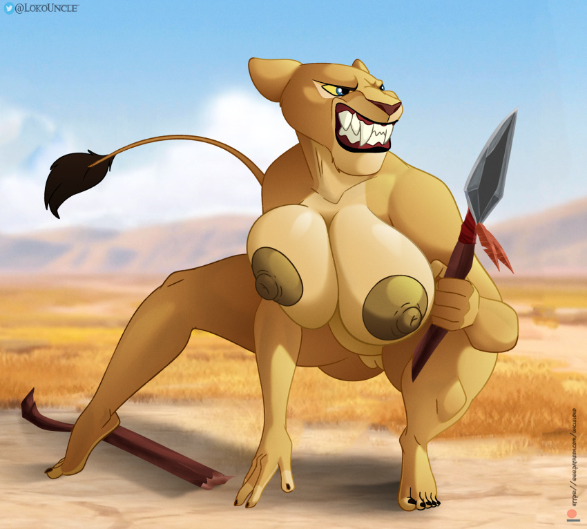 angry anthro anthrofied areola big_areola big_breasts big_nipples blue_eyes breasts broken_weapon disney el-loko felid female genitals hi_res huge_breasts lion mammal melee_weapon nala nipples nude pantherine peach_pussy polearm pussy solo space spear teeth_bared the_lion_king weapon yellow_sclera