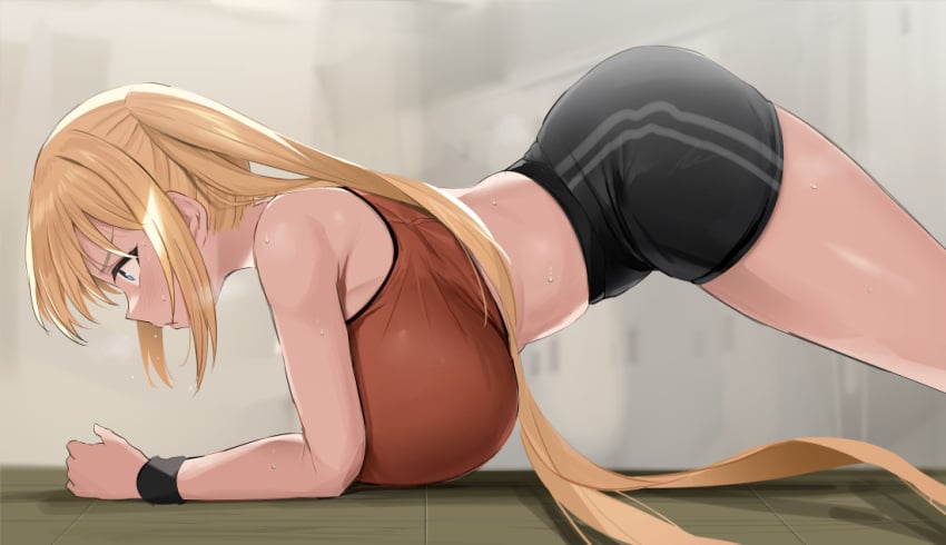 1girls 2020s 2021 all_fours arched_back ass ass_up big_breasts black_shorts black_wristband blend_s blonde_hair blue_eyes blurry_background breasts bubble_butt exercise female female_focus female_only floor gym_shorts hinata_kaho huge_breasts indoors large_ass locker_room long_hair looking_forward manga midriff noripachi orange_topwear shiny_skin shorts side_view sideboob solo solo_female sports_bra sportswear sweat sweaty_face sweaty_legs teenage_girl teenager thick_thighs thighs tomboy top_heavy two_tone_topwear wooden_floor working_out workout_clothes wristband