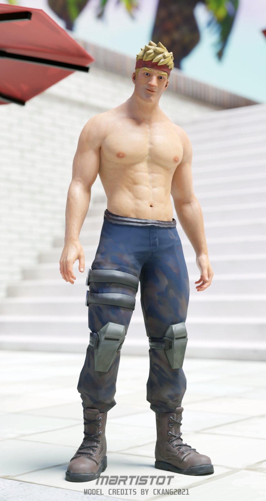 1boy 3d abs agent_jones blonde_hair ckang2021 erect_nipples fortnite fortnite:_battle_royale headband jonesy_(fortnite) knee_pads looking_at_viewer male_only martistot muscles muscular muscular_male nipples pecs realistic safe shirtless standing tagme thigh_strap