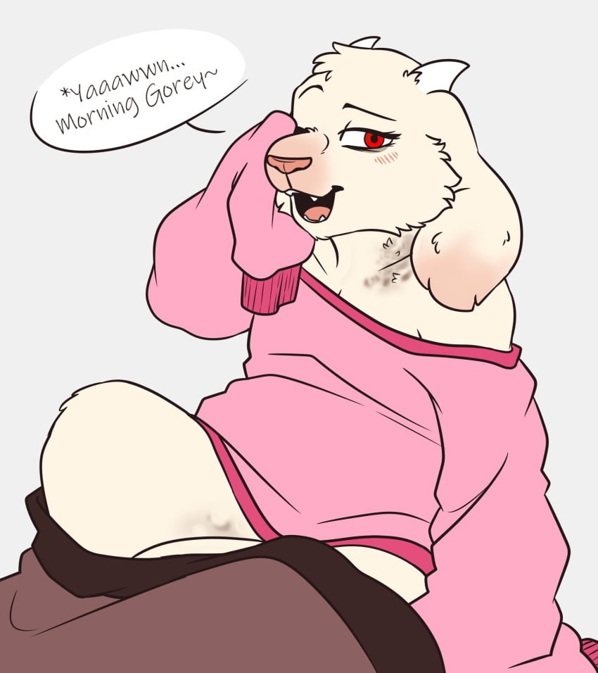 anthro anthro_only asgoriel english female female_only furry furry_only hickey red_eyes serfuzzy simple_background solo solo_female speech_bubble text text_bubble toriel undertale waking_up