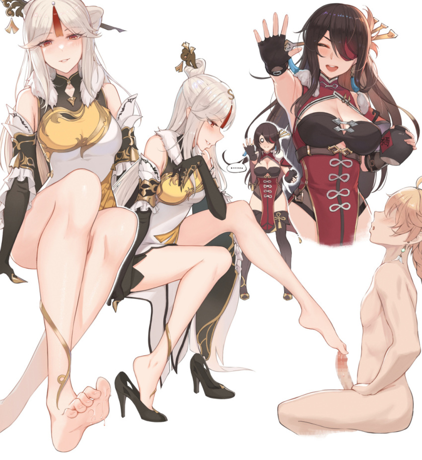 ... 1boy 2girls aether_(genshin_impact) bare_shoulders barefoot beidou_(genshin_impact) black_gloves black_hair blonde_hair blush boots breasts censored claw_ring closed_eyes clothed_female_nude_male dress duplicate earrings eliskalti erection eyepatch feet fingerless_gloves foot_focus footjob foreshortening genshin_impact gloves hair_ornament hairpin high_heel_boots high_heels highres invisible_chair jewelry large_breasts light-skinned_male long_hair mosaic_censoring multiple_girls ningguang_(genshin_impact) nude open_mouth pelvic_curtain penis pixel-perfect_duplicate red_eyes simple_background sitting smile soles spoken_ellipsis standing straight tassel thigh_boots thighhighs toes white_background white_hair