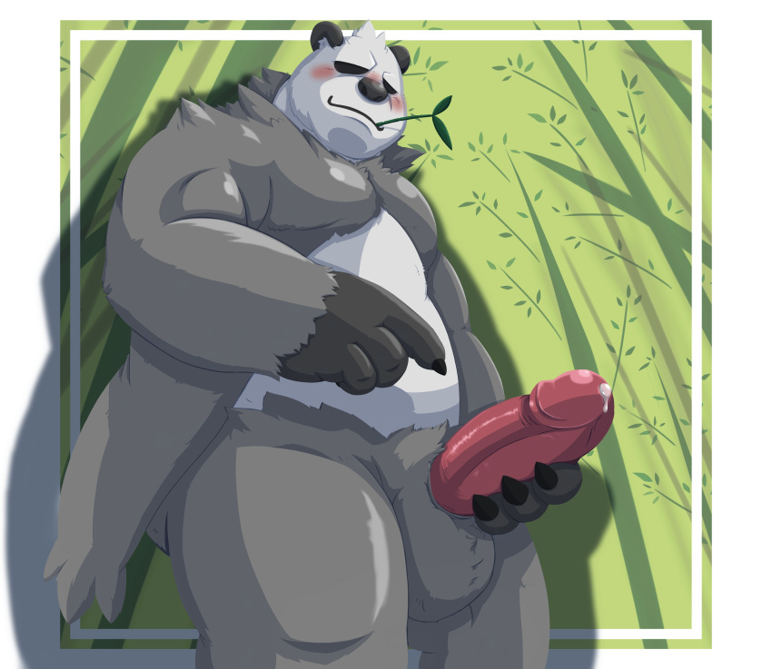 2021 absurd_res anthro balls belly black_body black_nose blush bodily_fluids erection genital_fluids genitals hi_res humanoid_genitalia humanoid_penis kemono leaf male male_only moobs musclegut nintendo pangoro penis pokémon_(species) pokemon precum solo video_games white_body x08201214