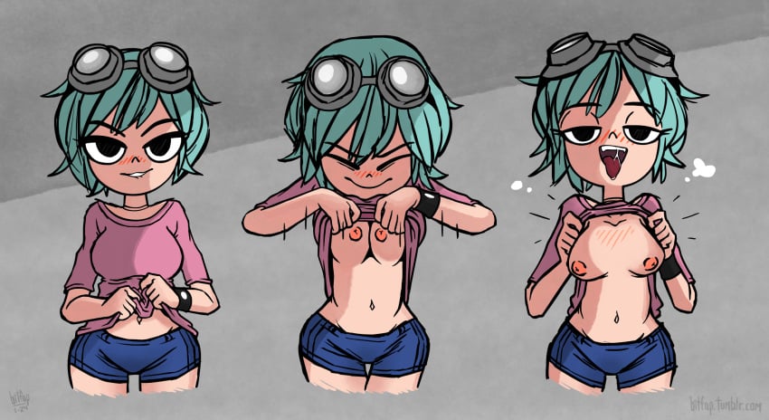 1girls bitfap biting_lip black_eyes blue_hair blush breasts closed_eyes drooling female female_only goggles goggles_on_head half-closed_eyes looking_at_viewer open_mouth partially_clothed presenting presenting_breasts progression ramona_flowers saliva scott_pilgrim shirt_lift short_hair tongue_out wristband