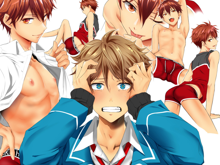 2boys ;p basketball_uniform blue_eyes boxers brown_eyes brown_hair bulge ensemble_stars! hair_between_eyes implied_yaoi kei1 morisawa_chiaki navel nipples one_eye_closed open_shirt seductive_smile simple_background symbol-shaped_pupils takamine_midori tears tongue tongue_out underwear white_background