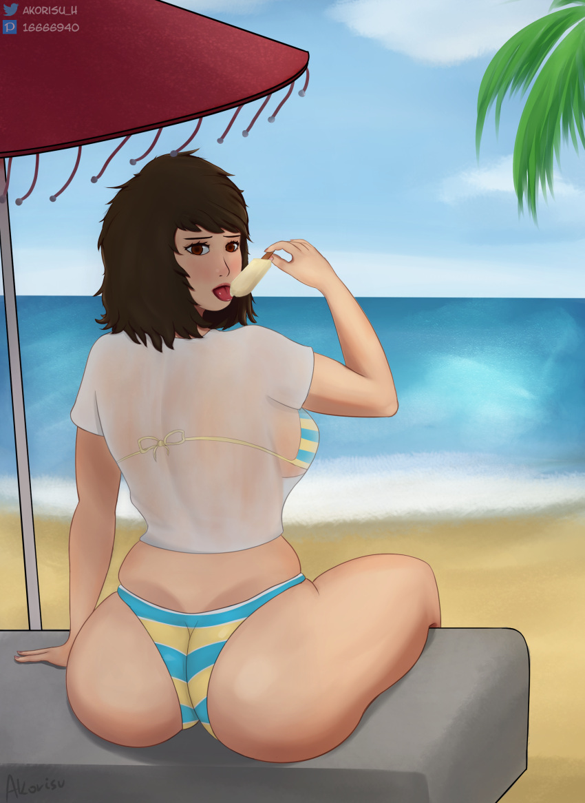 1girls akorisu ass beach beach_umbrella bikini breasts brown_eyes brown_hair female female_only large_breasts licking looking_at_viewer looking_back multicolored_clothes ocean palm_tree parasol persona persona_5 popsicle sadayo_kawakami see-through see-through_clothing short_hair sideboob sitting striped_bikini swimsuit swimwear transparent_clothing tree wet_clothes wet_shirt