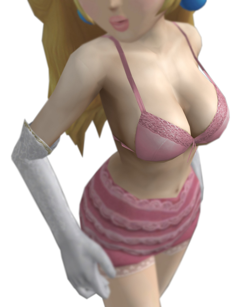 1girls 3d big_breasts blonde_hair bloomers bra breasts brucebonsai busty cleavage close-up female female_only gloves head_out_of_frame large_breasts lipstick long_hair low_poly mario_(series) midriff navel nintendo pink_bloomers pink_bra pink_lipstick princess_peach super_smash_bros. super_smash_bros._brawl