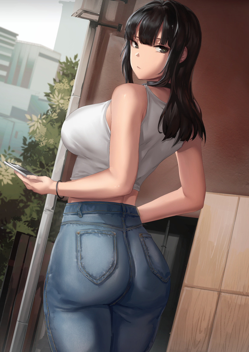 1girls big_ass big_breasts big_butt black_hair breasts breasts_bigger_than_head dat_ass emotionless expressionless female jeans looking_at_viewer looking_back naoko-san naoko_(9113419) thick_legs thick_thighs tshirt