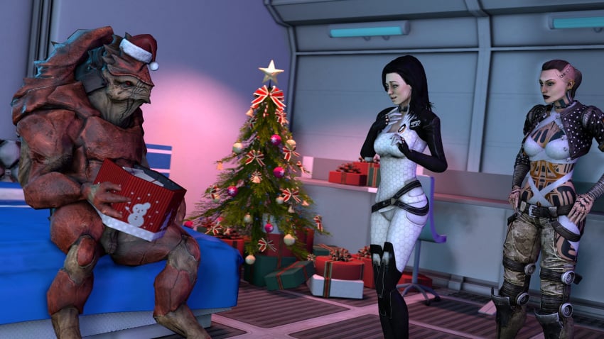 3d christmas gift jack_(mass_effect) krogan mass_effect miranda_lawson nervaanims urdnot_wrex