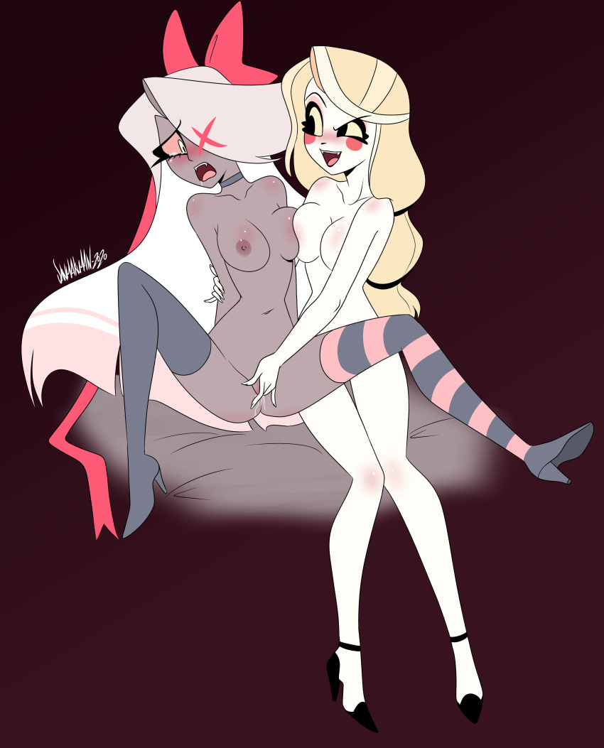 2demons 2girls breast_squeeze breasts charlie_morningstar_(hazbin_hotel) couple cute danmakuman duo female fingering hazbin_hotel legs lesbian multiple_girls naked naughty_face nude pussy pussy_juice pussy_juice_drip straight_hair tagme tears vaggie_(hazbin_hotel) yuri