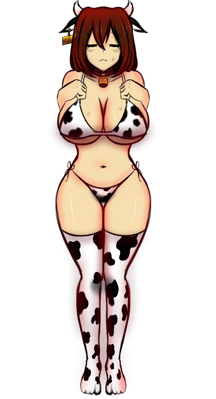 1girls 2d bell big_breasts brown_hair closed_eyes cow_bikini cow_costume cow_print cowbell ear_tag female female_only frisk human human_female human_only solo sweat underboob undertail undertale undertale_(series) white_background white_skin yazu_(artist) yazuel_aliel year_of_the_ox