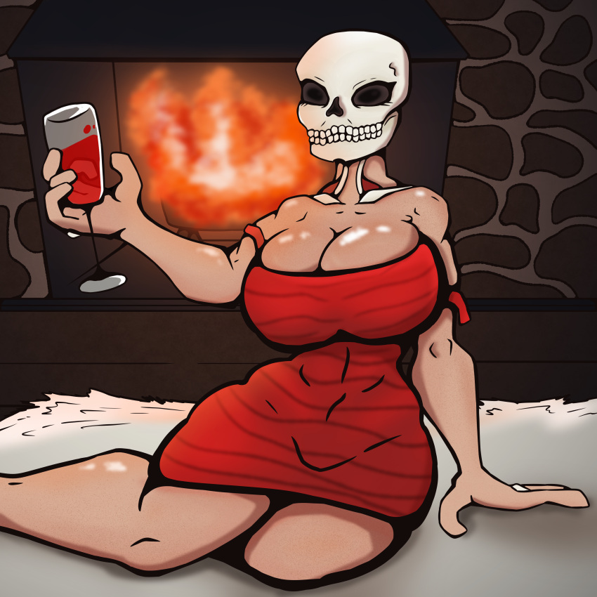 atwistedsinner big_breasts bone caramella cleavage huge_breasts laying_down original_character plump red_dress shiny_skin skull tan tanned_skin tight_clothing tight_dress wine wine_glass