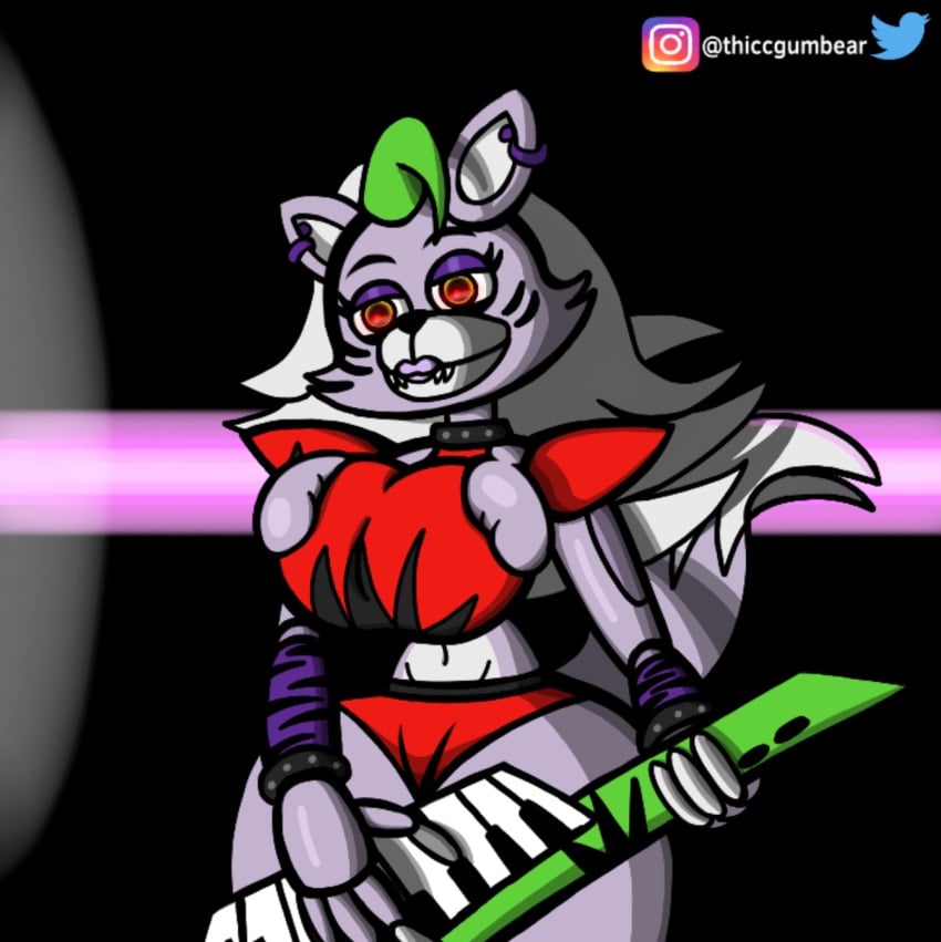 animatronic belly_button big_ass big_breasts big_butt big_ears big_thighs choker crop_top eyebrows eyelashes five_nights_at_freddy's five_nights_at_freddy's:_security_breach gauntlets glowing_eyes gray_body gray_fur green_hair lips lipstick piano purple_earrings red_eyes robot robot_ears robot_girl roxanne_wolf_(fnaf) shaded sharp_teeth shorts shoulder_pads synthesizer tail thiccgumbear tight_clothing white_hair wide_hips wide_thighs wolf wolf_ears wolf_tail yiff