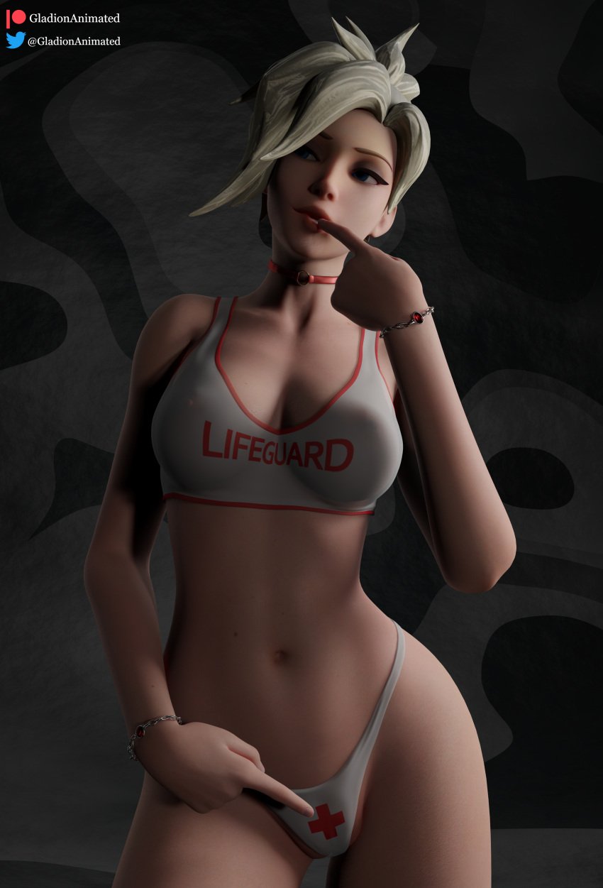 1girls 3d 3d_(artwork) bikini bikini_bottom bikini_top biting_lip blender blender_(software) blonde_hair blue_eyes bracelet bracelets choker collar finger_in_mouth finger_on_lip gladionanimated light-skinned_female light_skin looking_away mercy nipples nipples_visible_through_clothing overwatch pointing_at_pussy ponytail posing see-through see-through_clothing solo solo_female swimsuit swimwear