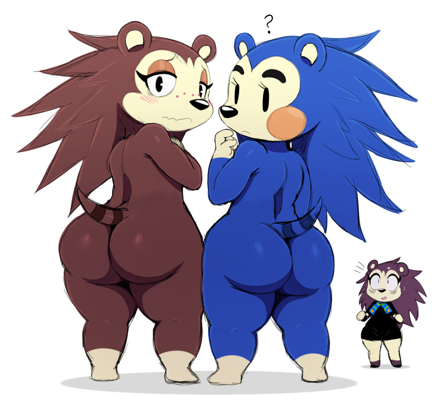 ? animal_crossing anthro ass being_watched big_ass big_butt black_nose blue_body blue_fur blush brown_body brown_fur bubble_ass bubble_butt clothed clothing edit eulipotyphlan female group hedgehog hip_to_hip labelle_able lineup looking_at_another looking_at_viewer looking_back mabel_able mammal nervous nintendo nude nude_edit sable_able shortstack shy siblings side_by_side simple_background sssonic2