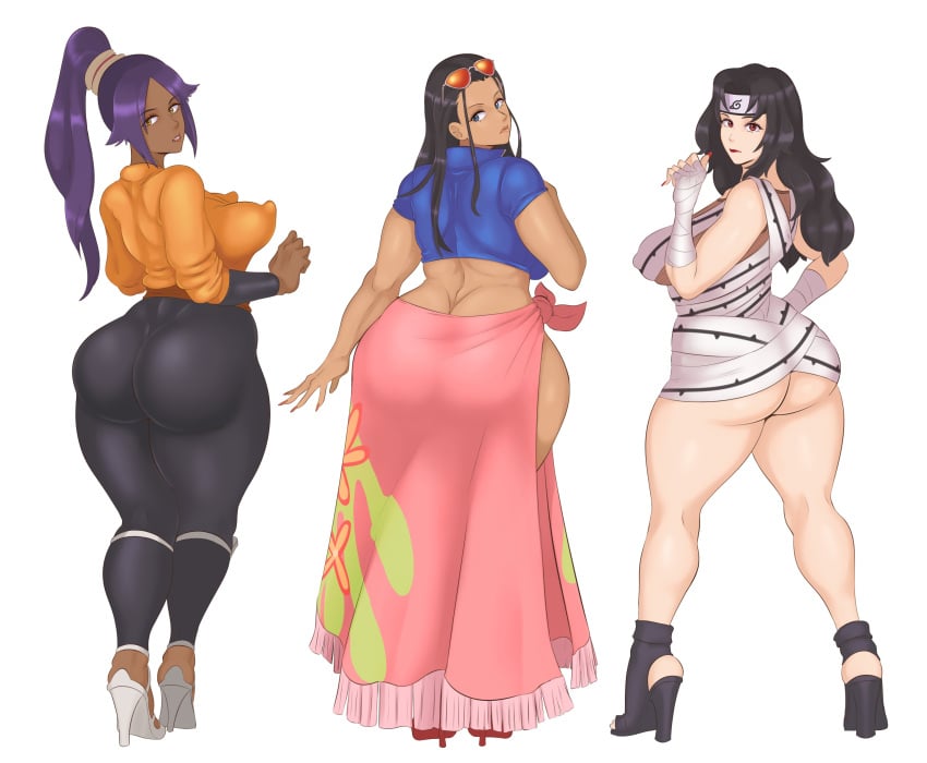 3girls ass ass_cleavage ass_focus ass_in_dress big_ass big_breasts big_butt black_hair bleach bottom_heavy bubble_ass bubble_butt busty butt_crack crossover curvy curvy_figure dark-skinned_female dark_skin eyewear_on_head fat_ass female female_only high_heels kurenai_yuhi large_ass large_breasts leggings long_hair naruto naruto_(series) naruto_shippuden nico_robin one_piece pawg presenting_ass presenting_hindquarters purple_hair sarong shihouin_yoruichi standing sunglasses sunglasses_on_head sunnysundown thick_ass thick_thighs thighs tight_clothing venus_body voluptuous wide_hips yuuhi_kurenai