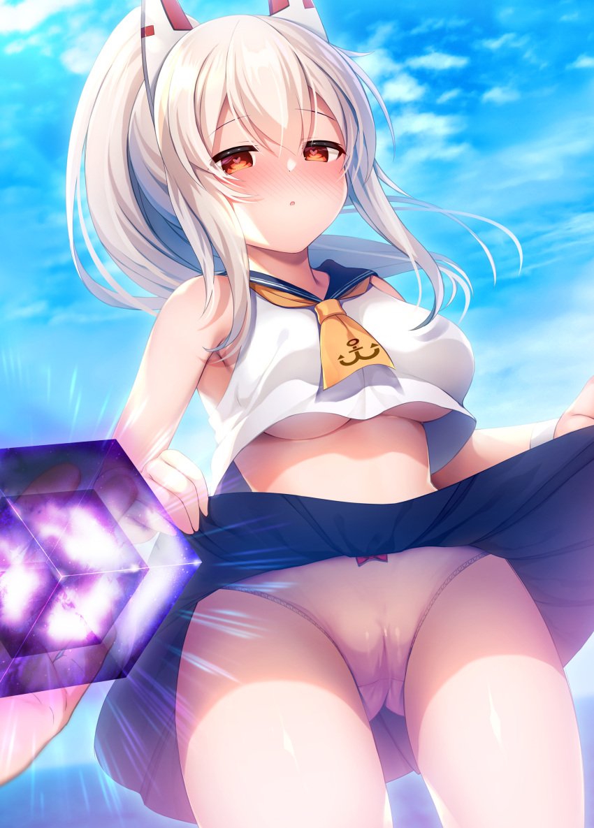 absurdres ayanami_(azur_lane) azur_lane bangs blonde_hair blue_sailor_collar blue_skirt blue_sky blush breasts clothes_lift commentary_request crop_top eyebrows_visible_through_hair female female hair_between_eyes hair_ornament heart heart-shaped_pupils highres horizon lifted_by_self long_hair looking_at_viewer medium_breasts mental_cube_(azur_lane) noukatu ocean panties parted_lips pink_panties ponytail red_eyes sailor_collar school_uniform serafuku sidelocks skirt skirt_lift sky solo standing symbol-shaped_pupils thighs underboob underwear