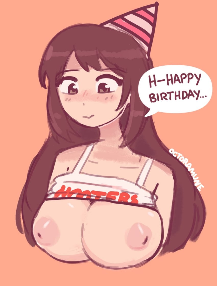 1girls 2d artist_name big_breasts birthday_hat blush breasts breasts_out brown_hair dialogue emirichu english_text female female_focus female_only happy_birthday hooters hooters_uniform inverted_nipples light-skinned_female light_skin long_hair nipples no_bra octoramune pale-skinned_female pale_skin pink_nipples raised_shirt shirt_lift shy simple_background solid_color_background solo speech_bubble text upper_body watermark youtube youtuber