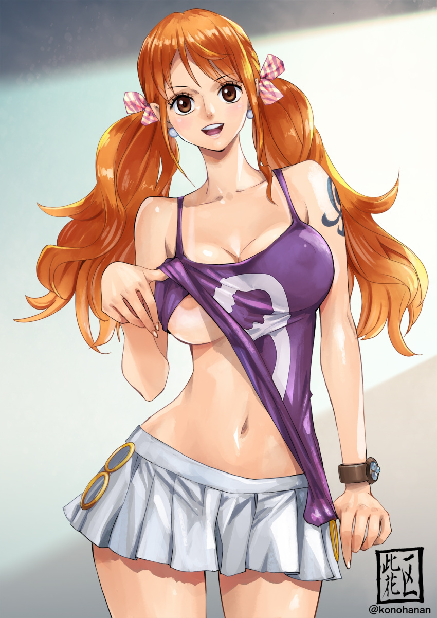 1girls big_breasts cleavage female female_only konohana looking_at_viewer nami nami_(one_piece) nipple_bulge nipple_slip one_piece shirt_lift shirt_up short_skirt skirt smile smiling_at_viewer solo tattoo teasing twintails uncensored underboob water_7