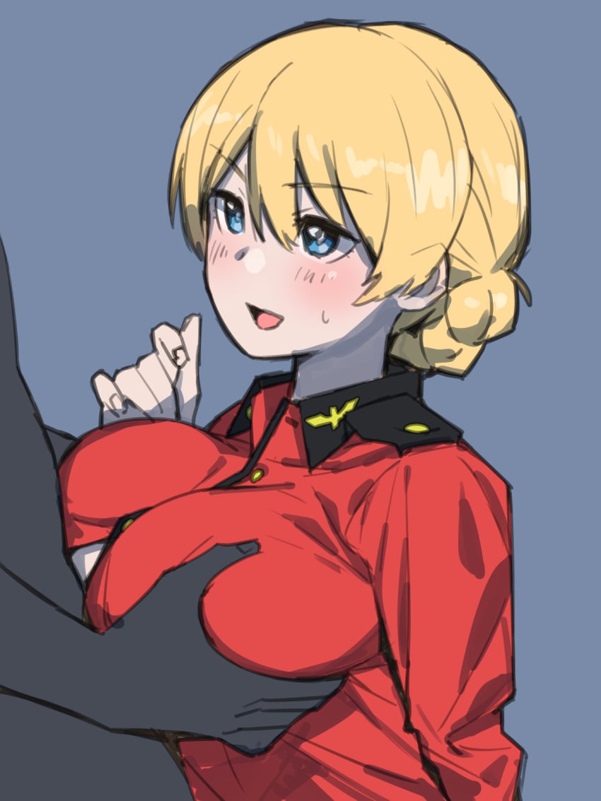 1boy bangs blonde_hair blue_background blue_eyes blush braid breast_grab darjeeling eyebrows_visible_through_hair female girls_und_panzer grabbing highres onsen_tamago_(hs_egg) open_mouth paizuri paizuri_under_clothes short_hair solo_focus st._gloriana's_military_uniform straight tied_hair twin_braids