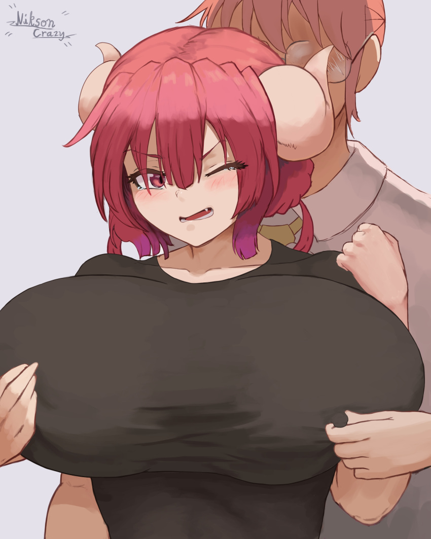 2girls blush clothed female female/female female_only glasses groping_from_behind horns ilulu_(dragon_maid) kobayashi large_breasts miss_kobayashi's_dragon_maid monster_girl multiple_girls niksoncrazy pinching_nipples red_eyes red_hair shortstack yuri