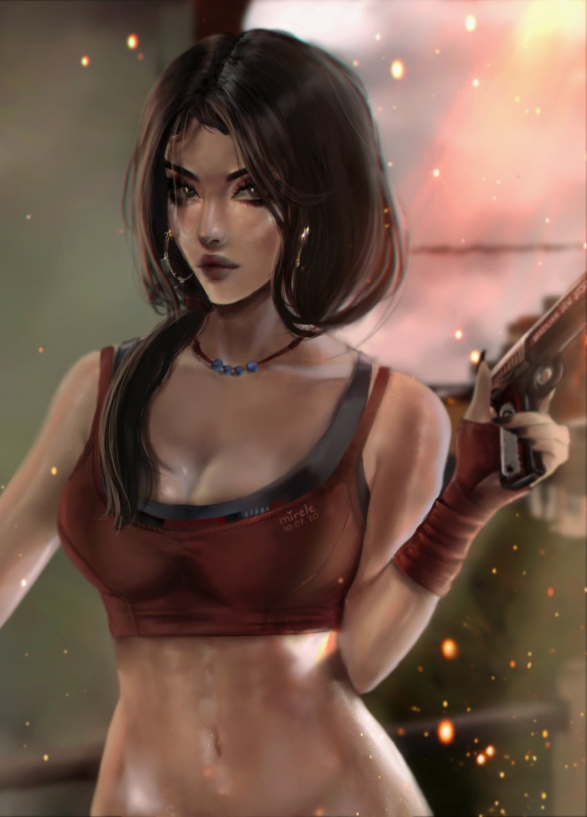 abs big_breasts braided_ponytail brazil brazilian brazilian_female brown_eyes brown_hair caveira_(rainbow_six) dark-skinned_female dsl elite_skin female handwraps hoop_earrings looking_at_viewer martial_arts mirele necklace pistol rainbow_six rainbow_six_siege realistic solo sports_bra sweat