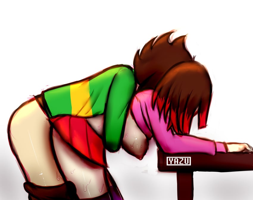 ambiguous_penetration bent_over bent_over_table bete_noire brown_hair chara coloured eyes_covered glitchtale legwear pink_highlights pink_sweater sweat undertale undertale_fanfiction yazu_(artist) yazuel_aliel