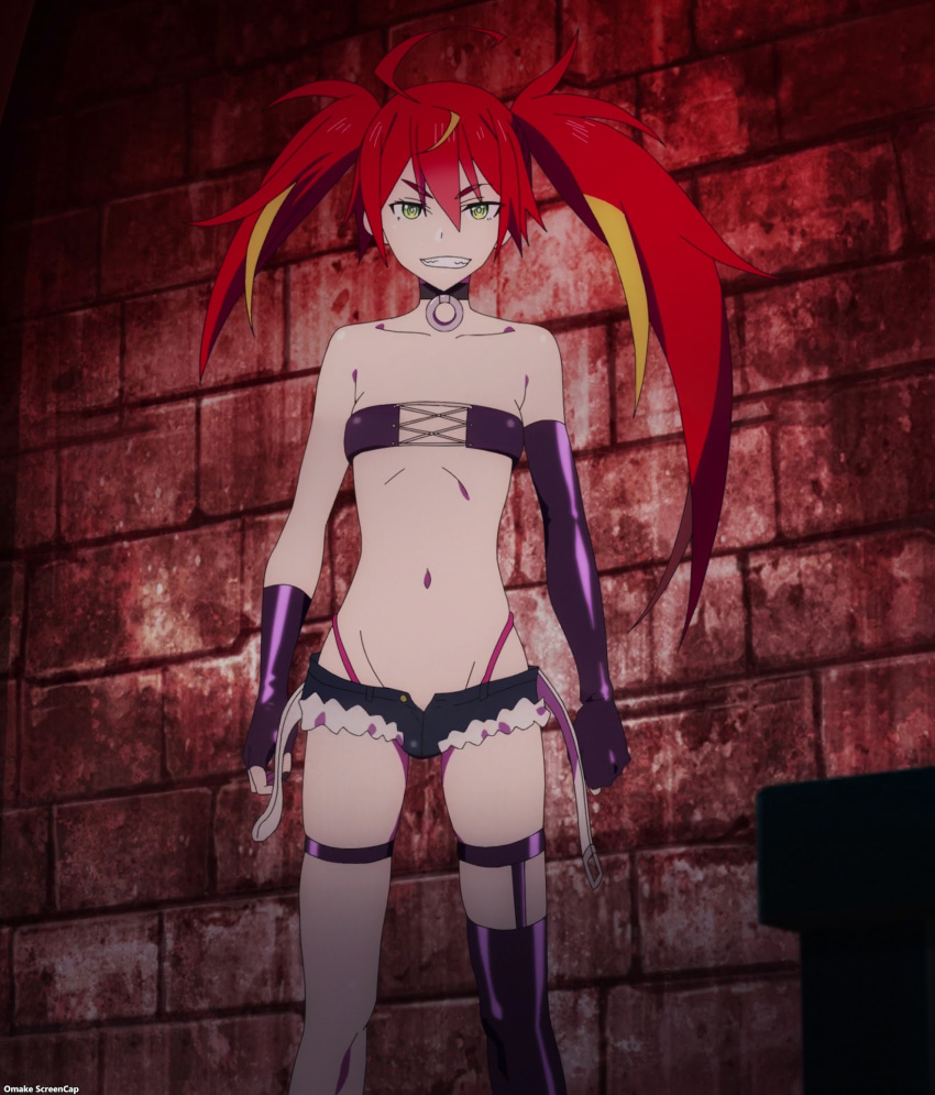 1girls bandeau choker clenched_teeth evil_smile female female_only green_eyes grin kyuukyoku_shinka_shita_full_dive_rpg_ga_genjitsu_yori_mo_kusoge_dattara looking_at_viewer midriff mizarisa navel pink_thong red_hair screencap shorts slim_waist small_breasts smile stitched thong twintails unzipped