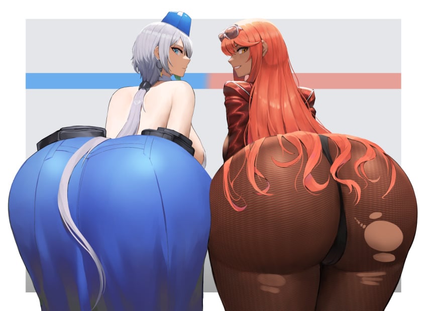 2girls ass ass_focus ass_shot back back_view backboob blue_eyes breasts brid_(nikke) bubble_butt double_ass_focus ethan69_(artist) female goddess_of_victory:_nikke huge_ass huge_breasts light-skinned_female light_skin long_hair looking_at_viewer red_hair smile sunglasses sunglasses_on_head tan tan-skinned_female tanned_skin torn_bodysuit torn_clothing volume_(nikke) white_hair yellow_eyes