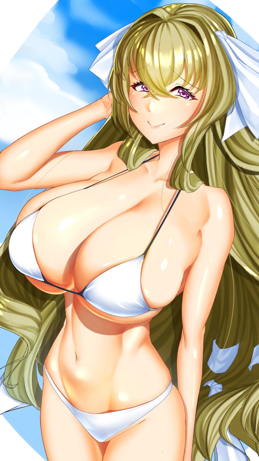 1girls 2021 aoi_kimi arm_behind_back arm_up bare_shoulders belly big_breasts bikini bikini_bottom bikini_top breasts covered_nipples covered_pussy female female_focus female_only green_hair hair_ribbon huge_breasts konosirooon kyoukaisenjou_no_horizon long_hair navel simple_background solo solo_female solo_focus standing very_long_hair white_bikini white_bikini_bottom white_bikini_top