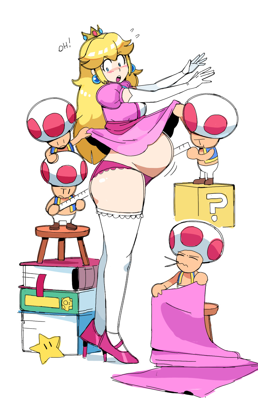 1girls 3boys ?_block bangs belly blue_eyes blush book breasts chair crown dr-worm dress earrings embarrassed english_text eyebrows_visible_through_hair eyelashes fabric gloves high_heels highres jewelry lewdlemage long_hair looking_back mario_(series) multiple_others nintendo open_mouth panties pregnant princess_peach ready_to_pop sewing simple_background starman_(mario) stomach stool super_mario_bros. tape_measure thighhighs toad_(mario) underwear wholesome