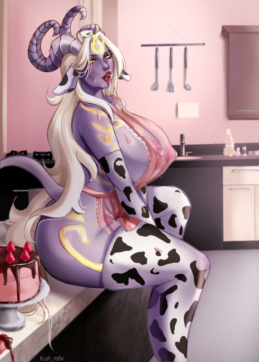 apron big_breasts big_butt blonde_hair blush cake cow_print draenei draenei_priest frosting frosting_on_breasts horns horns_and_hooves huge_ass huge_breasts kitchen kitchen_counter kitchen_utensils kush_nsfw lightforged_draenei lightforged_draenei_priest lipstick long_hair lunaara_darkmoon milf naked_apron see-through see-through_clothing see_through thick_thighs tongue tongue_out warcraft world_of_warcraft