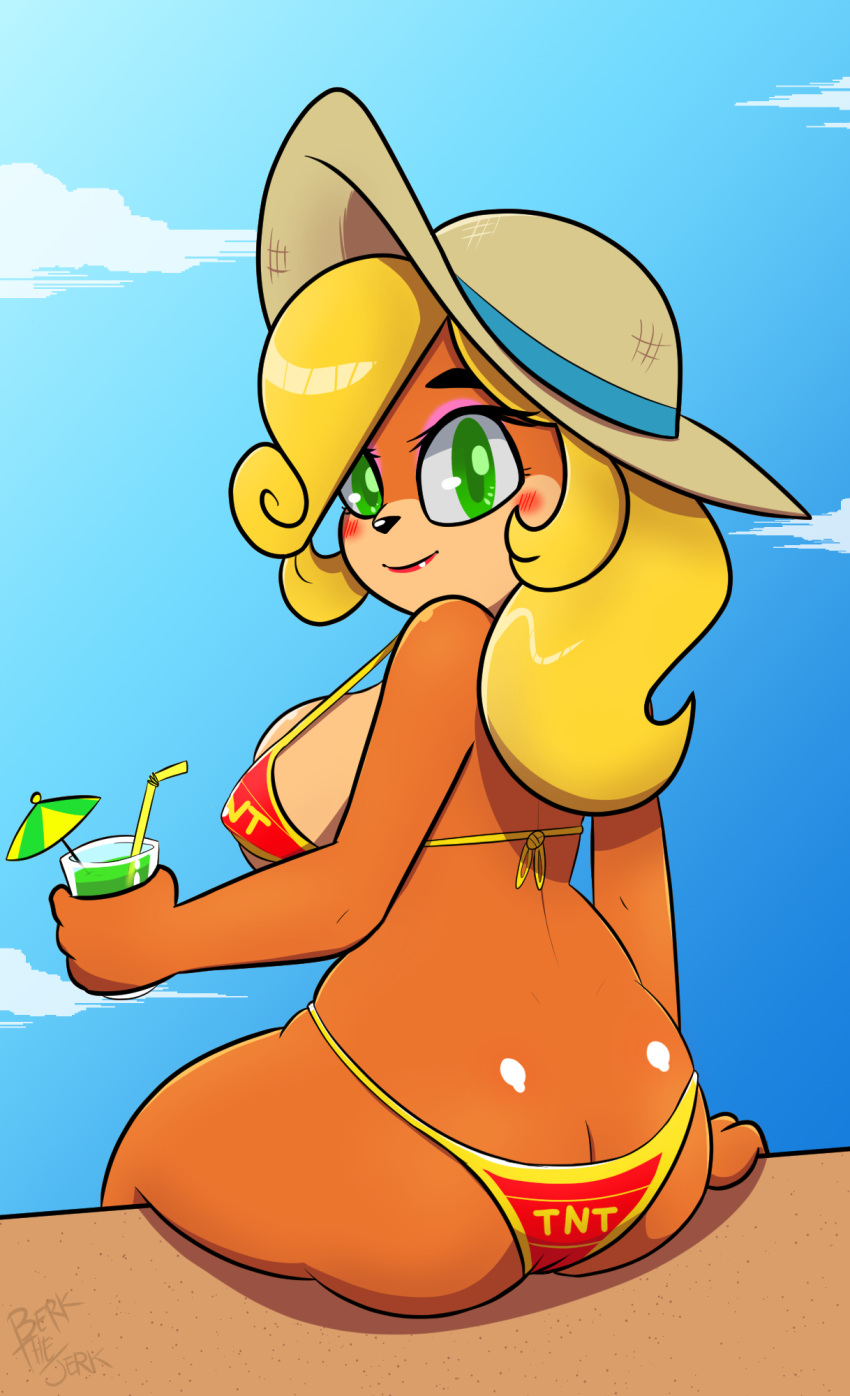 1girls anthro ass ass_cleavage berkthejerk bikini bikini_bottom bikini_top breasts butt_crack coco_bandicoot crash_(series) drink female green_eyes hair_down large_ass sunhat tnt_crate