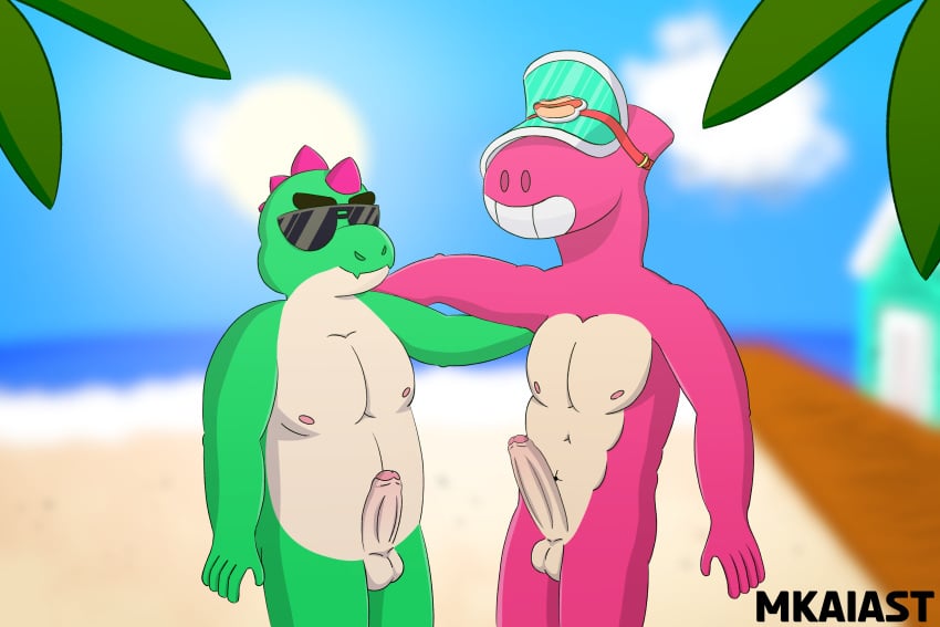 balls beach blurred_background blurry_background brawl_stars buzz_(brawl_stars) doug_(brawl_stars) foreskin gay genitals green_skin male male/male male_only mkaiast muscles muscular muscular_male nipples penis pink_skin sunglasses visor